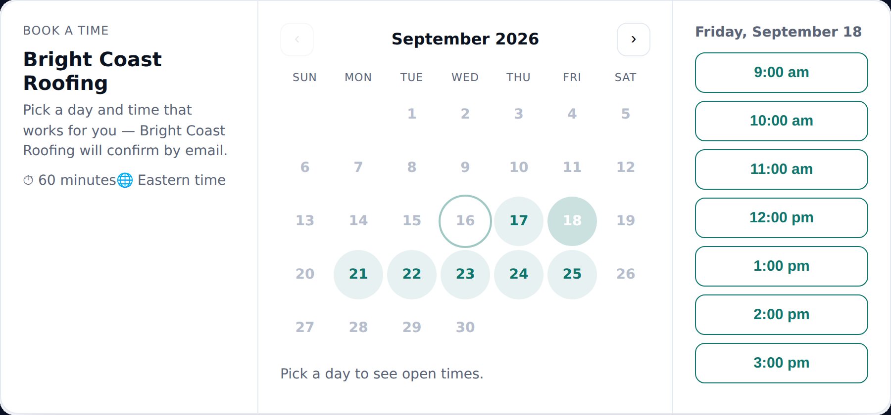 A booking page customers use to pick a time