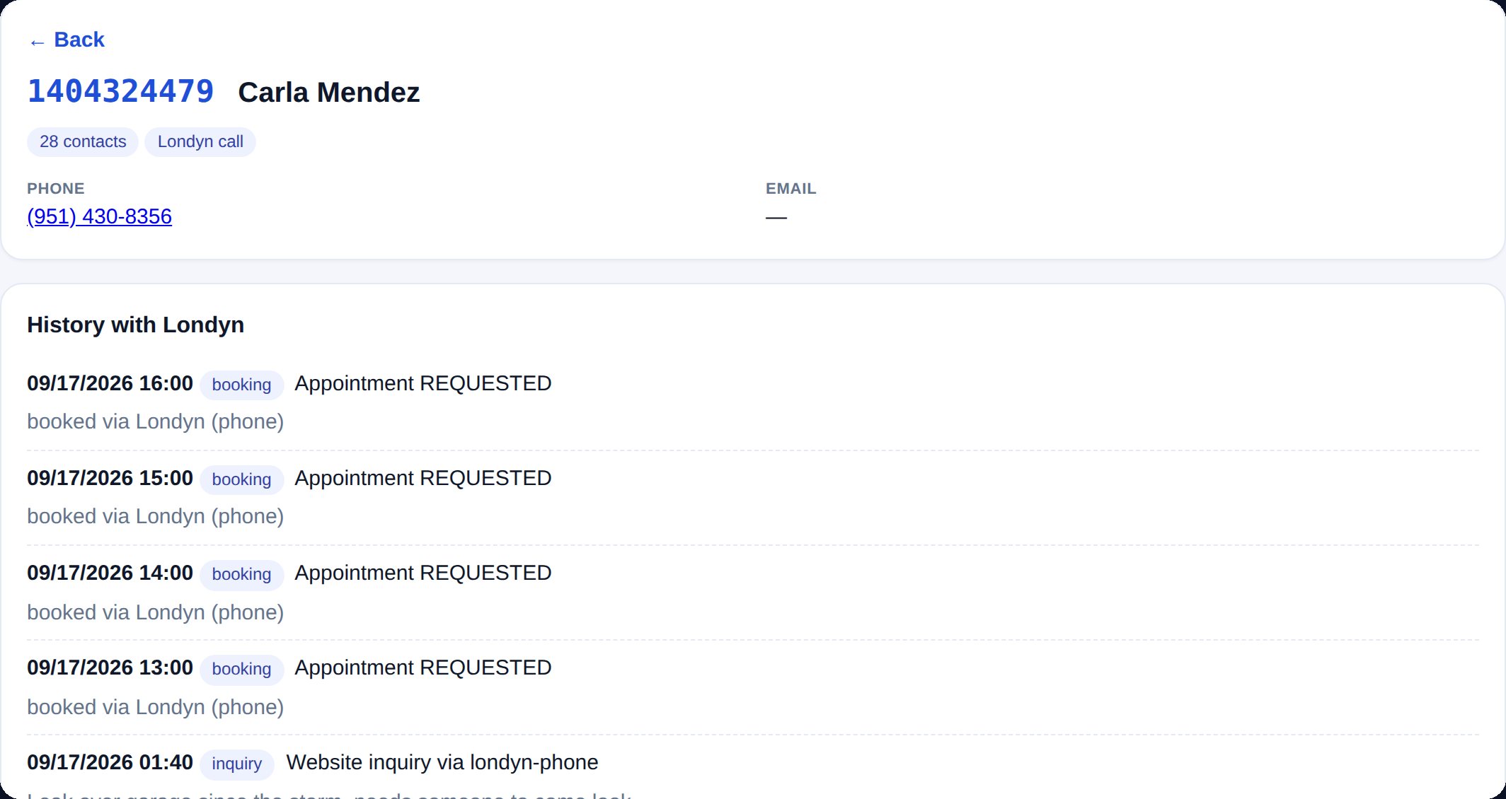 A customer record: who they are and every call, booking and message