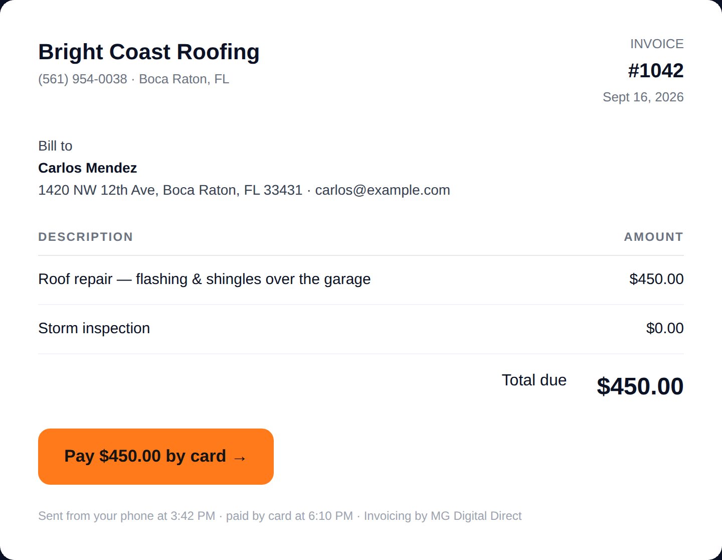 An emailed invoice with a pay-by-card button